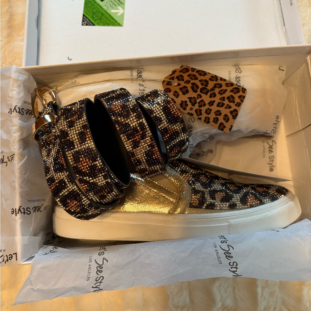 Leopard Print High-Top Sneakers with Gold Accents